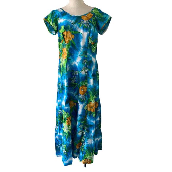 Paradise Hawaii Vintage Womens Dress Size M Blue Floral Maxi Pure Cotton New - Picture 10 of 11
